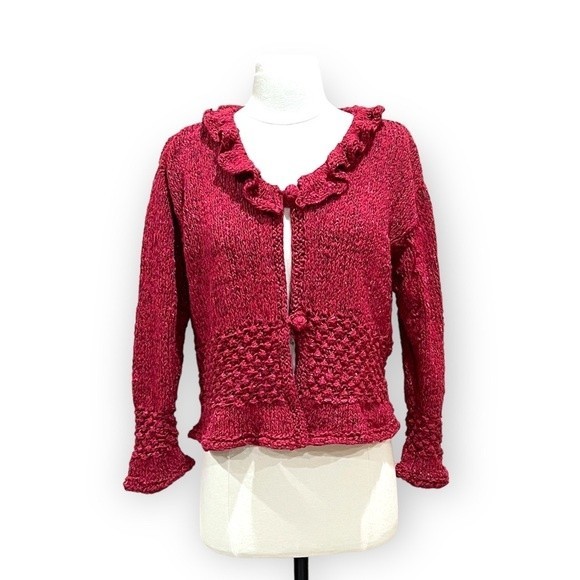 Sweaters - Edel Berry Ruffle Knit Cardigan, Large